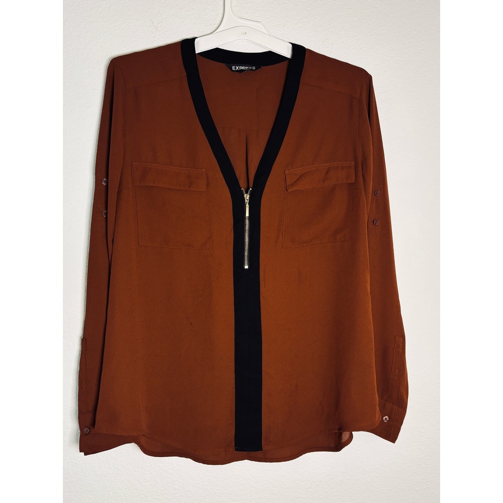 Express Rust Brown Half Zip Roll Tab Sleeve Blouse Black Trim Large